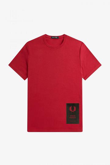 Red Fred Perry Printed Hem Patch Men's T Shirts | PH 1741JPQJ